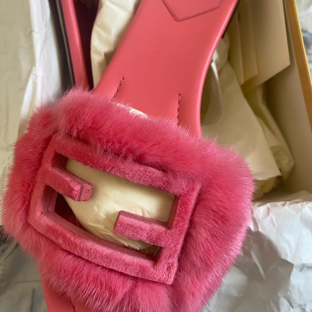 Fendi Pink Fur Slide Sandals Brand New